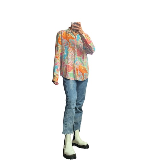 CHAPS By Ralph Lauren Women’s XL Pink Orange Paisley 100% Cotton Button Blouse - Picture 4 of 14